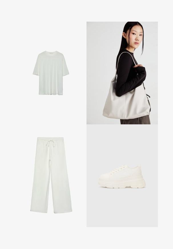 Hvid kortærmet t-shirt, rund halsudskæring, blød bomuldsblanding, afslappet pasform, sømløs kant, minimalistisk design uden udsmykninger.; Hvide bukser med bred ejer lavet af blødt stof. Har en elastisk talje med snor og en glat tekstur. Ingen synlige mønstre eller hardware.; Hvide lærreds sneakers med en kraftig sål, rund tå og fem snørehuller. Bagstrop for nem påtagning. Glat tekstur, minimalistisk design.; Beige håndtaske lavet af blødt materiale med et slouchy design, stikninger og to skulderremme. Velegnet til daglig brug.