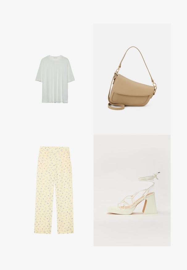 Witte t-shirt met korte mouwen, ronde halslijn, zacht katoenmix stof, relaxte pasvorm, naadloze zoom, minimalistisch ontwerp zonder versieringen.; Lichtgele wijde broek met een bloemenpatroon in blauw. Elastische tailleband, zachte structuur en rechte snit, ontworpen voor comfort.; Witte hoge hakken sandaal met een chunky hak, met een bandjesontwerp en enkelband. Gladde textuur met een plateau voor extra hoogte.; Even&Odd Handtas - beige