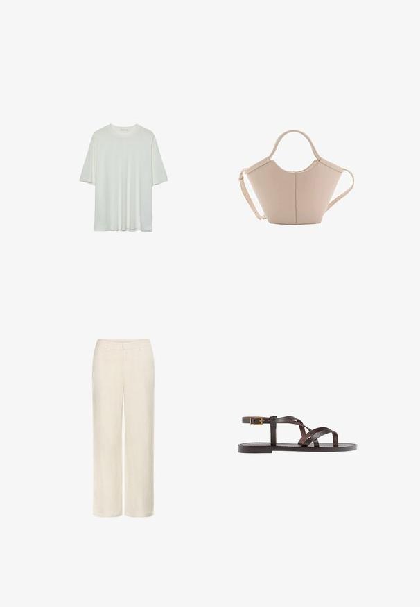 Bela majica s kratkimi rokavi, okroglo izrezana, mehka bombažna mešanica, sproščen kroj, brezšivna rob, minimalističen dizajn brez okrasnih elementov.; Lanene hlače v off-white barvi, z ravnim krojem, stranskimi žepi in gladko teksturo z rahlo pletenim vzorcem.; Rjav usnjen sandal z načinom prečnega črta, zaklepom okoli gležnja in ravnim podplatom z minimalnimi šivi.; Bežna usnjena torbica edinstvene oblike, z dvema kratkima ročajema in dolgim nastavljivim trakom. Gladka tekstura z minimalno kovinsko opremo.