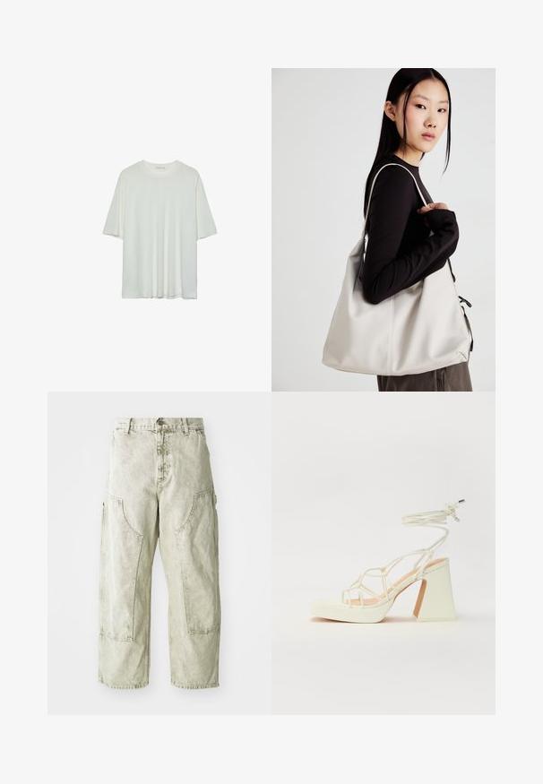 Valkoinen lyhythihainen t-paita, pyöreä pääntie, pehmeä puuvillasekoitekangas, rento malli, saumaton helma, minimalistinen muotoilu ilman koristeluja.; Vaaleanvihreät leveät cargo-housut, jotka on valmistettu denimmateriaalista ja joissa on suuret sivutaskut, nappi- ja vetoketjukiinnitys sekä näkyvät ompeluyksityiskohdat.; Valkoinen korkokenkä, jossa on paksu korko, ja joka sisältää nauhakiinnityksen ja nilkkaketjun. Sujuva pinta, jossa on platform-etupohja lisäkorkeutta varten.; Beige laukku, joka on valmistettu pehmeästä materiaalista, ja siinä on rento muotoilu, ommeltu yksityiskohtia ja kaksi olkahihnaa. Sopii päivittäiseen käyttöön.