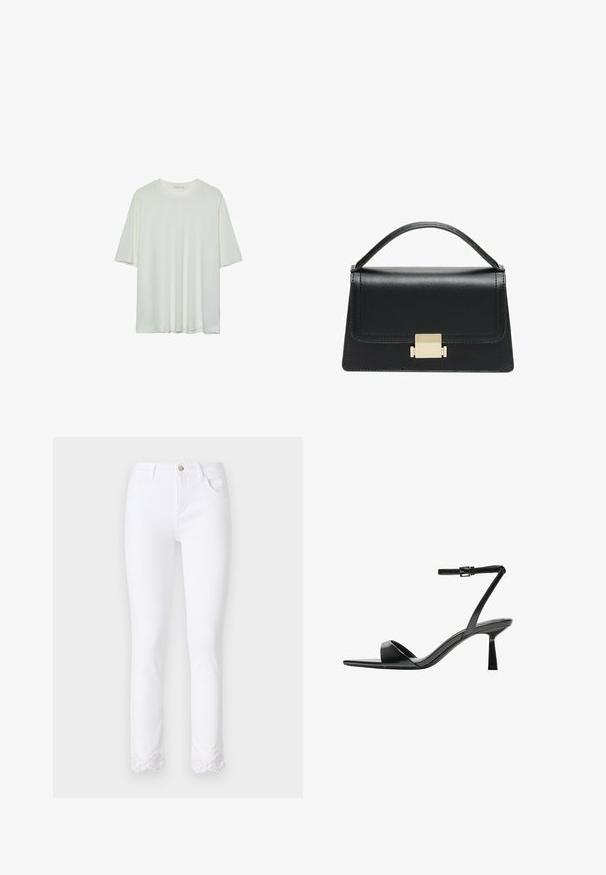 T-shirt bianco a maniche corte, colletto rotondo, tessuto misto cotone morbido, vestibilità rilassata, orlo senza cuciture, design minimalista senza decorazioni.; Pantaloni in denim bianco con vestibilità slim, caratterizzati da una chiusura con bottone dorato e un intricato bordo in pizzo lungo gli orli inferiori. Tessuto morbido, design classico.; Bershka Sandali con tacco - black; Borsa a tracolla in pelle nera con design strutturato, manico superiore e dettaglio in metallo dorato sulla parte frontale. Texture liscia, cuciture minime.