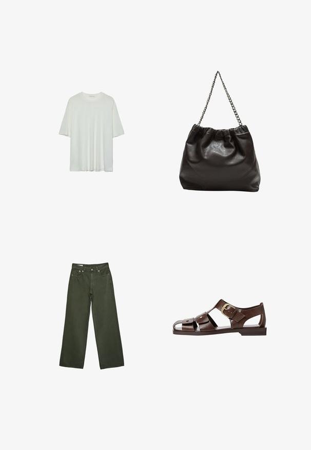 Biała koszulka z krótkim rękawem, okrągły dekolt, miękka tkanina bawełniana, luźny krój, bezszwowy dół, minimalistyczny design bez zdobień.; Olive zielone spodnie o szerokich nogawkach z przodu z guzikami, zamkiem, szlufkami na pasek i pięcioma kieszeniami, prezentowane na białym tle.; Brązowe skórzane sandały z wycięciami, regulowanym zapięciem po boku i płaską podeszwą, z metalowymi akcentami i otwartym noskiem.; Brązowa skórzana torba z marszczonym szczytem i łańcuszkowym paskiem. Gładka tekstura z błyszczącym wykończeniem i subtelnymi detalami szwów po bokach.