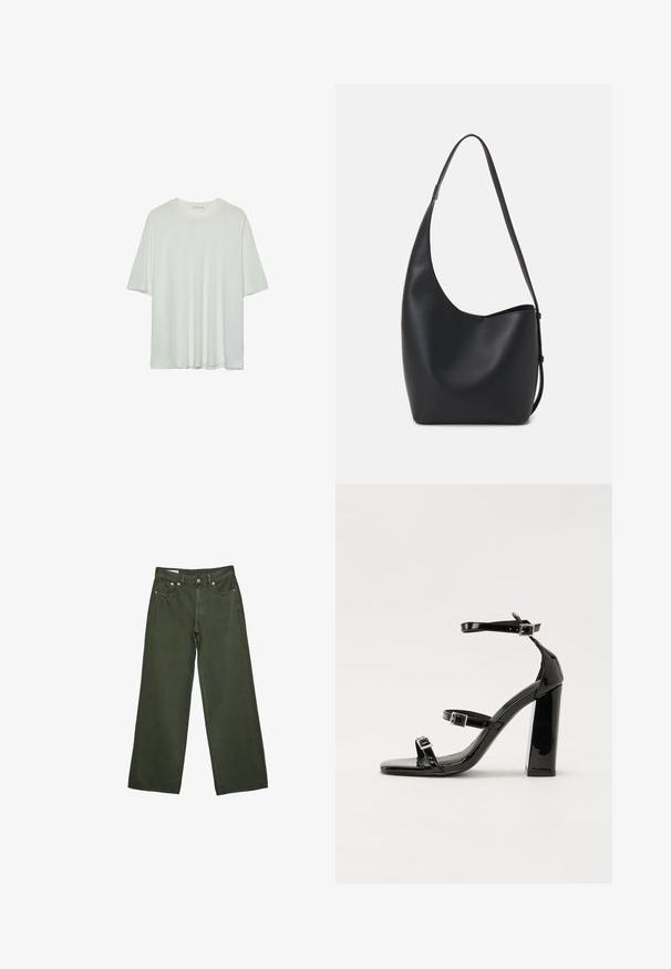 Biała koszulka z krótkim rękawem, okrągły dekolt, miękka tkanina bawełniana, luźny krój, bezszwowy dół, minimalistyczny design bez zdobień.; Olive zielone spodnie o szerokich nogawkach z przodu z guzikami, zamkiem, szlufkami na pasek i pięcioma kieszeniami, prezentowane na białym tle.; Czarne lakierowane sandały na obcasie z kwadratowym noskiem, z paskami wokół kostki i srebrnymi klamrami. Posiadają masywny słupek dla stabilności.; Czarna skórzana torba hobo o gładkiej fakturze, zaokrąglonym kształcie i pojedynczym, regulowanym pasku; posiada szerokie otwarcie na górze.