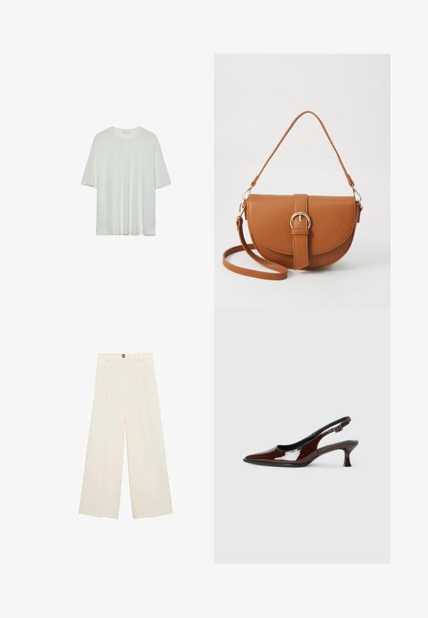 White short-sleeve t-shirt, round neckline, soft cotton blend fabric, relaxed fit, seamless hem, minimalistic design without embellishments.; Cream-colored wide-leg trousers featuring a high waist, a button closure, and smooth texture without visible patterns or accents.; Brown patent leather slingback shoe with a pointed toe and a moderate heel. Features a buckle strap for secure fit. Smooth texture.; Brown leather crossbody bag with a curved shape, gold hardware, and a buckle accent. Features a detachable shoulder strap.