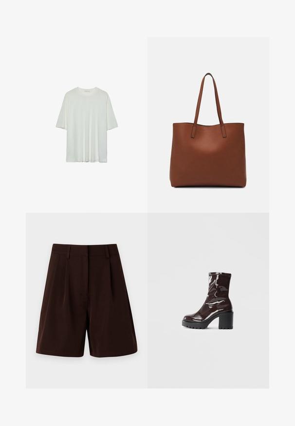 Biele tričko s krátkym rukávom, okrúhly výstrih, jemná bavlnená zmesová tkanina, voľný strih, bezšvový lem, minimalistický dizajn bez ozdôb.; Hnedé šortky s upraveným strihom a prehybmi, vyrobené z hladkej tkaniny. Dodané s pásom a bez viditeľných vreciek.; Lesklé burgundské kotníkové boty s robustním černým podpatkem, s hladkou strukturou a jednoduchým designem. Bez viditelných zapínání nebo vzorů.; Hnedá kožená taška na rameno s hladkou textúrou, otvoreným vrchom a dvoma ramenými popruhmi. Má minimálne šitia a žiadne viditeľné kovania.