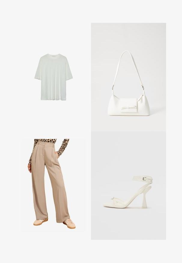 Biele tričko s krátkym rukávom, okrúhly výstrih, jemná bavlnená zmesová tkanina, voľný strih, bezšvový lem, minimalistický dizajn bez ozdôb.; Béžové nohavice s širokými nohavicami, s prepleteným predným dielom, vysokým pásom a bočnými vreckami, kombinované so svetlými teniskami. Materiál vyzerá hladko a štruktúrovane.; Biele kožené sandále na vysokom podpätku s pásikmi, elegantným dizajnom, priehľadným blokovým podpätkom a dekoratívnym prvkom na špičke.; Biela syntetická kabelka s trojuholníkovým tvarom, plochým predným klapkou a detailom mašle, nastaviteľným popruhom, hladkou textúrou a minimalistickým dizajnom.