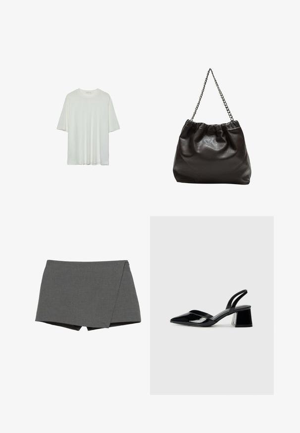 T-shirt bianco a maniche corte, colletto rotondo, tessuto misto cotone morbido, vestibilità rilassata, orlo senza cuciture, design minimalista senza decorazioni.; Pantaloni corti avvolgenti grigi realizzati in tessuto liscio, con un taglio diagonale e bordi puliti. Nessun hardware o decorazione visibile.; Décolleté in vernice nera con punta affusolata e tacco in geometria cubica. Presentano un design elegante e minimalista, con una texture liscia.; Borsa in pelle marrone con parte superiore arricciata e tracolla a catena. Texture liscia con finitura lucida e dettagli di cucitura sottili sui lati.