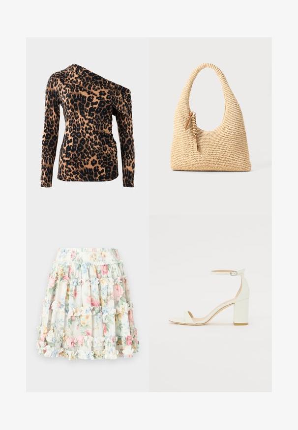 Top com padrão de leopardo apresentando um decote assimétrico, mangas longas e uma silhueta justa em tons de bege e preto. Tecido macio e elástico.; Saias em camadas com padrão floral sobre um fundo creme, apresentando flores em tons pastéis de rosa, azul e verde. Cintura elástica com detalhes em babados.; Sandal de bloco em pele branca, apresentando uma correia no tornozelo com fivela e um design minimalista. Com biqueira aberta e texturas suaves ao longo de toda a peça.; Bolsa bege trançada com uma alça curva, superfície texturizada e detalhe de franjas castanhas. Apresenta um formato descontraído e estilo hobo.