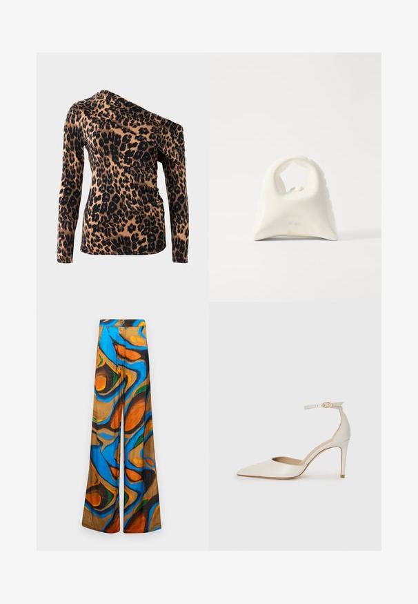 Leoparda raksta tops ar asimetrisku dekoltē, garām piedurknēm un pieguļošas silueta krāsā brūnā un melnā. Mīksts, elastīgs audums.; Plati kājas bikses ar daudzkrāsainu abstraktu rakstu, kurā ir zilas, oranžas un brūnas nokrāsas. Izgatavotas no viegla auduma ar gludu tekstūru.; Baltas ādas augstpapēžu kurpes ar smailu purngala daļu, potītes siksniņu un šauru stiletto papēdi. Gluda tekstūra ar smalku spīdumu.; Balta soma ar teksturētu, izliekta dizaina. Iezīmējas ar izteiktu rokturi un noapaļotu apakšu, gluda apdare un minimāla aparatūra.; Zelta apli gredzens ausī, kas valkāta labajā pusē, ar atvērtu dizainu. Modelim ir taisni, tumši mati un minimāls grims.
