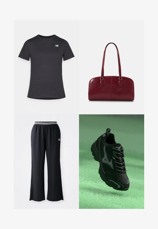 Czarny t-shirt z krótki rękawem, wykonany z miękkiej tkaniny, z małym szarym logo New Balance na górnej lewej części klatki piersiowej, klasyczny krój z okrągłym dekoltem.; Czarne sportowe spodnie z szerokimi nogawkami, elastycznym pasem z czarno-białymi paskami oraz rozcięciami po bokach u dołu.; Czarne buty sportowe z teksturowaną powierzchnią, szarymi akcentami i sznurowadłami. Charakteryzują się wyraźnym logo marki oraz amortyzowaną podeszwą dla wsparcia.; Zign MURREN ciemnoczerwony