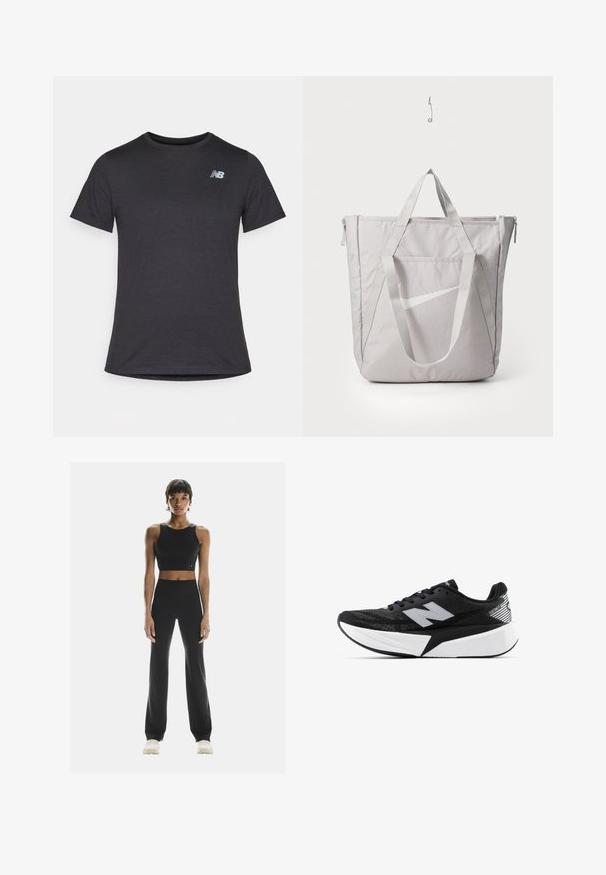 Must beebi särk, millel on lühikesed varrukad ja pehme kangas, ülaosas vasakul rinnal on väike hall New Balance'i logo, klassikaline ümar kaelus.; On STUDIO  - Retuusid - black; Mustvalge New Balance jooksujalats, millel on paks tallar ja võrkkangast ülemine osa, ning külgvaates on näha ka „N” logo.; Hallhallane hall kott, millel on tugevdatud käepidemed, ees lukkudega tasku ja valge Nike Swoosh logo. Valmistatud vastupidavast kangast, millel on sile tekstuur.