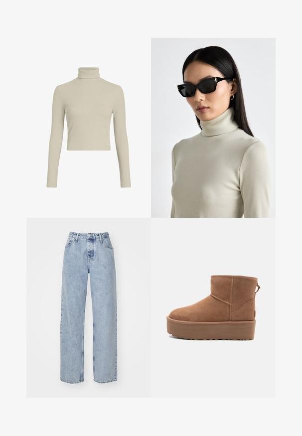 Helebeige soontekkidega pikade varrukatega tops, millel on kitsa lõike ja kõrge kaelus. Omab peent logotagi allservas. Sile tekstuur.; Heledad sinised laiad teksapüksid, mis on valmistatud denimist. Omab kõrget vööd, viit taskut ning nupuklapi ja tõmbluku sulgemist. Tekstureeritud pind, minimaalne pleekimine.; Kohvatooni nubukist põlvikute saapad platvormsööl with ümmarguse varbaga ja õmblusteenustega; seljal on kinnitusling, mis tagab mugava jalga panemise.; Mustad mustad prillid paksude raamidega, millel on kuldsed detailid. Mudel kannab heledat beeži soonilise kõrge kaelusega toppi.