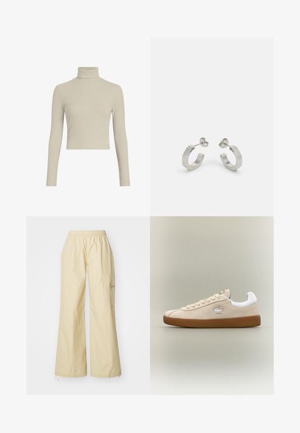 Helebeige soontekkidega pikade varrukatega tops, millel on kitsa lõike ja kõrge kaelus. Omab peent logotagi allservas. Sile tekstuur.; Laia jalgadega, heledast beezist püksteülemusest, millel on elastne vöökoht ja üks külgmine cargo tasku. Valmistatud pehmest, tekstuuriga kangast.; Beez suede tossud valgete detailidega ja kummist tallaga. Küljel on tõstetud logo ja kontrastsed beeži paelad. Klassikaline disain.; Hõbedased metallist rõngakõrvarõngad tekstureeritud kujundusega, millel on väike kinnituskate ja bränding ühel rõngal. Ümar kuju ja poleeritud viimistlus.