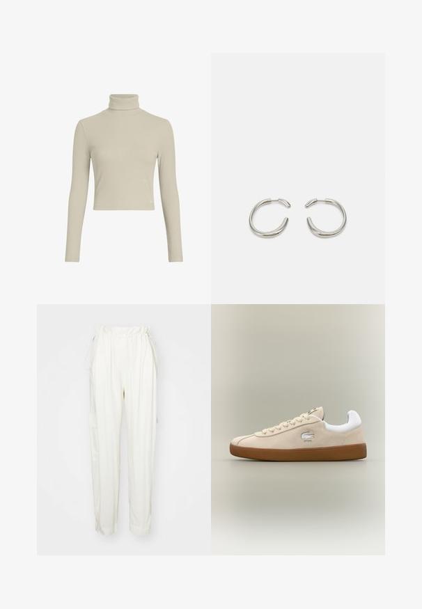 Lichtbeige geribde coltrui met lange mouwen en een strakke pasvorm. Heeft een subtiele logo-label op de zoom. Glad textuur.; Crème kleurige broek met een elastische tailleband, zijzakken en een losse pasvorm. Gemaakt van een zachte stof met een gladde textuur.; Beige suède sneaker met witte accenten en rubberen zool. Beschikt over een verhoogd logo aan de zijkant en contrasterende beige veters. Klassiek ontwerp.; Zilveren hoepeloorbellen met een glad, rond ontwerp en een strakke, gepolijste afwerking. Heeft een minimalistische vorm met een lichte opening.