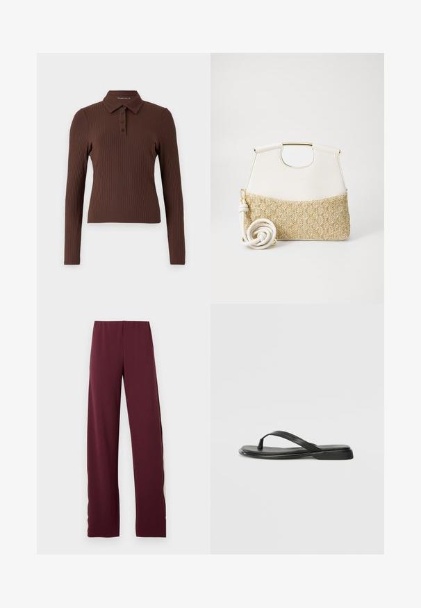 Ruda juostos ilgomis rankovėmis polo marškinėliai su apykakle ir trimis mygtukais. Medžiaga turi tekstūruotą paviršių.; Alyvinės sportinės kelnės su elastinga juostele, turinčios kontrastingą alyvuogių žalios spalvos šoninių juostų, tiesaus silueto dizainą irglotnią tekstūrą.; Juodos šlepetės, pagamintos iš lygios odos, su plona dirželių konstrukcija ir plokščiu padu, turinčiu minimalų profilį. Be pastebimų raštų ar akcentų.; Balta odinė rankinė su tekstūruotu kreminiu pintu dugnu. Ypatumai: auksinės spalvos rankena ir suktas baltas dirželis, suteikiantis universalumo.