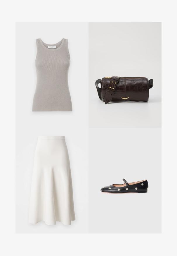 Szürke bordás ujjatlan póló, kerek nyakkivágással és széles vállpántokkal. Puha tapintású, testhezálló fazonnal rendelkezik. Márkajelzés látható.; Egy fehér A-vonalú szoknya, sima anyagból készült, amely jól illeszkedő derékkal és ívelt sziluettel rendelkezik, amely finoman a vádli közepéig ér.; Fekete bőr Mary Jane lapossarkú cipő, lekerekített orral, ezüst színű kör alakú szegecsekkel és állítható pánttal, csattal.; Barna krokodilbőr hatású bőr táska henger alakú, arany tónusú fémveretekkel és lecsatolható, szegecsekkel díszített pánttal.