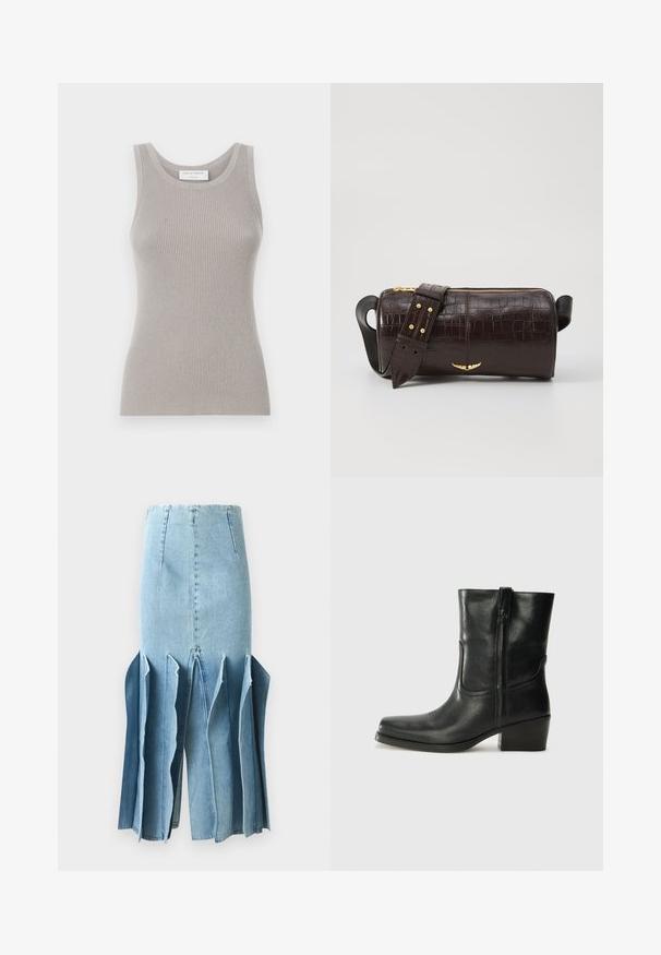 Sivý rebrovaný top bez rukávov s okrúhlym výstrihom a širokými ramienkami. Má jemnú textúru a priliehavý strih. Viditeľná značka.; Džínová sukňa v svetlomodrej farbe s rozšíreným strihom, so zubatými okrajmi a vertikálnymi švami. Textúra je hladká s viditeľnými detailmi šitia.; Čierne kožené členkové topánky s okrúhlou špičkou, blokovým podpätkom, bočným zipsom a prešívaním na priehlavku. Hladká textúra, klasický dizajn.; Hnedá taška z kože s embosovaným vzorom krokodíla, cylindrického tvaru, so zlatými hardvérovými doplnkami a odnímateľným popruhom so štítkami.