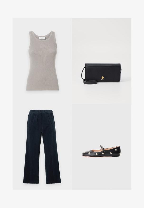 Hall hallidega helehall tank top ümmarguse kaeluse ja laia õlarihmaga. Omab pehmet tekstuuri ja keha järgivat disaini. Brändi silt on nähtav.; Tumesinised puuvillased püksid laia jala disainiga, elastse vöökoha ja vertikaalse sooniku tekstuuriga. Omab küljetaskuid ja sirget äärt.; Must naar mustast valmistatud Mary Jane lamedad jalanõud, ümarate varvastega, hõbedaste ümmarguste nupukestega ja reguleeritava rihmaga, millel on klamber.; Mustast nahkrahakotist, millel on õhuke ristkülikuline kuju ja kuldne logo. Sisaldab eraldatavat rihma mugavaks kandmiseks.