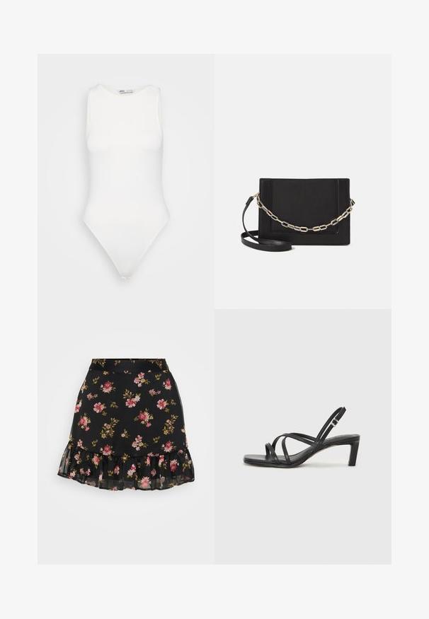 Body alb fără mâneci, cu guler înalt și tăietură tip thong. Textură netedă și siluetă ajustată, concepută pentru un aspect care se potrivește perfect.; Fustă neagră cu flori și tiv cu volane. Dispune de un model cu flori roz și galbene pe un material transparent. Design ușor și ajustat.; Sandal cu barete negre, cu vârf pătrat și toc mic de bloc. Prezintă mai multe barete subțiri și o bareta ajustabilă la gleznă. Fabricat din piele netedă.; Geantă de umăr din piele neagră, cu o textură netedă, formă rectangulară și un detaliu din lanț metalic în față. Include curea reglabilă.