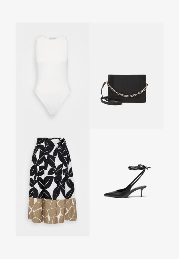 Body alb fără mâneci, cu guler înalt și tăietură tip thong. Textură netedă și siluetă ajustată, concepută pentru un aspect care se potrivește perfect.; Persona by Marina Rinaldi ZENITH - Fustă maxi - verde kaki; Pantof de stiletto din piele neagră, cu vârf ascuțit, spate deschis și curele pentru gleznă legate în fundă. Toc subțire de 3 inci. Textură netedă, design minimalist.; Geantă de umăr din piele neagră, cu o textură netedă, formă rectangulară și un detaliu din lanț metalic în față. Include curea reglabilă.