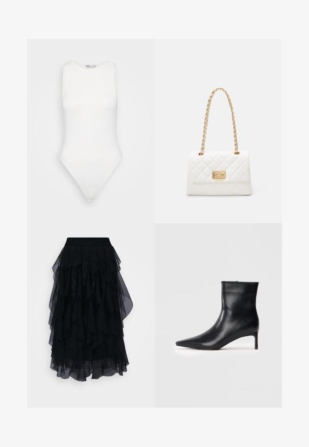 White sleeveless bodysuit with a high neckline and a thong cut. Smooth texture and fitted silhouette designed for a form-fitting look.; Black layered tulle skirt featuring a wide elastic waistband. The design includes ruffled tiers with a sheer finish, providing a flowing silhouette.; Black leather ankle boot with a pointed toe, sleek design, and a slender kitten heel. Smooth texture with no visible embellishments.; White quilted handbag with a gold chain strap and rectangular clasp. Features a smooth texture and geometric stitching pattern.