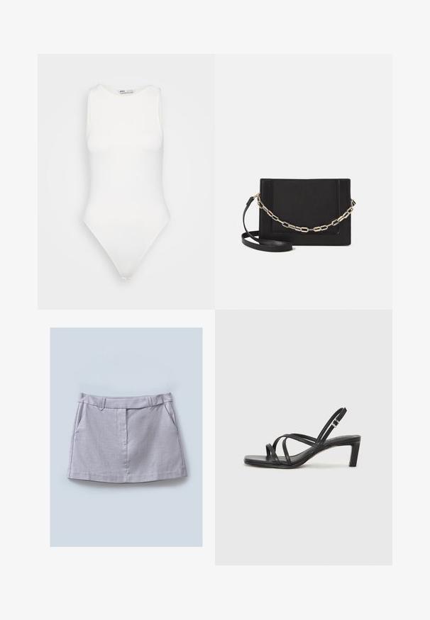 Bodysuit blanc sans manches avec un col montant et une coupe string. Texture lisse et silhouette ajustée conçue pour un look près du corps.; Jupe grise avec une texture lisse, dotée d'une taille plate, de deux poches avant et d'une coupe droite.; Sandale noire à lanières avec un bout carré et un petit talon bloc. Elle présente plusieurs fines lanières et une sangle de cheville ajustable. Fabriquée en cuir lisse.; Sac bandoulière en cuir noir avec une texture lisse, de forme rectangulaire et un détail en chaîne métallique à l'avant. Sangle réglable incluse.