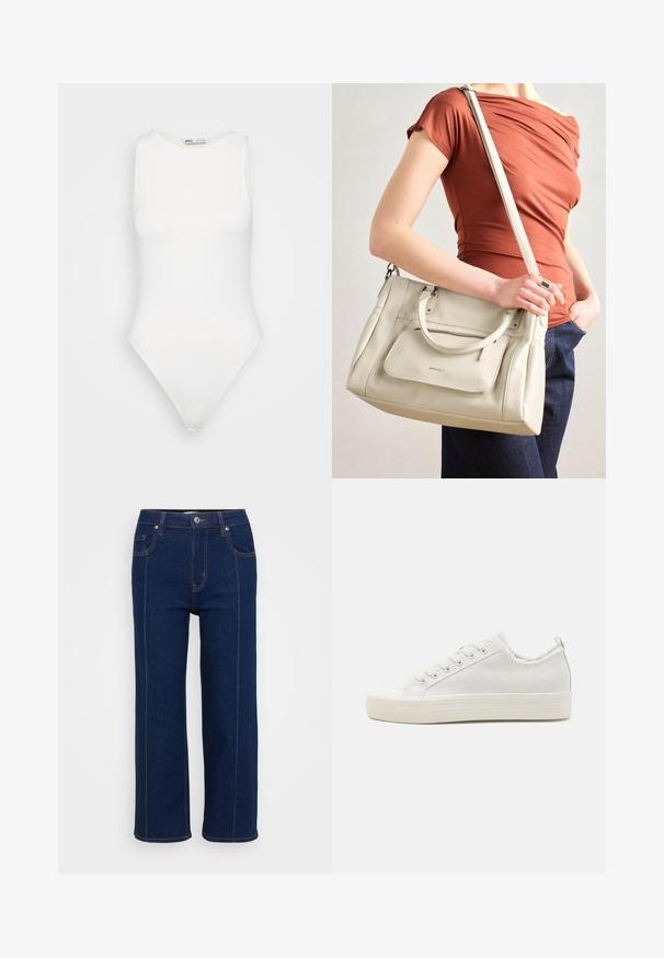 White sleeveless bodysuit with a high neckline and a thong cut. Smooth texture and fitted silhouette designed for a form-fitting look.; Dark blue straight-leg jeans with button closure, front and back pockets, and visible orange stitching along seams.; White canvas sneakers with a textured upper, round toe cap, flat sole, and lace-up front. Features a slightly frayed collar and pull tab.; White leather handbag with dual handles and a detachable strap, featuring a front zip pocket and smooth texture. Carrying on a person's arm.; Silver hoop earrings with a smooth, round design and a polished finish. They are thin and lightweight, featuring a simple clasp closure.