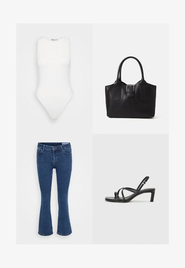 Bela bezrokavna body majica z visokim ovratnikom in tangastim izrezom. Gladka tekstura in prilegajoča silhueta, zasnovana za tesno prileganje.; Temno modri široki jeans iz denima z zasnovo petih žepov, z zadrgo in subtilnimi detajli šivanja. Tkanina se zdi gladka in trpežna.; Črne natikače s trakovi in kvadratnim prstom ter nizkim blokastim peto. Imajo več tankih trakov in nastavljiv trak okoli gležnja. Narejene so iz gladkega usnja.; Črna usnjena torba s gladko teksturo, strukturirano obliko, dvema ročkama in izrazitim srebrnim sponko na sprednji strani.; Srebrn dvojni prstan z gladko, polirano površino. Ima tekoč, ukrivljen dizajn z prekrivajočimi se sekcijami za sodoben videz.