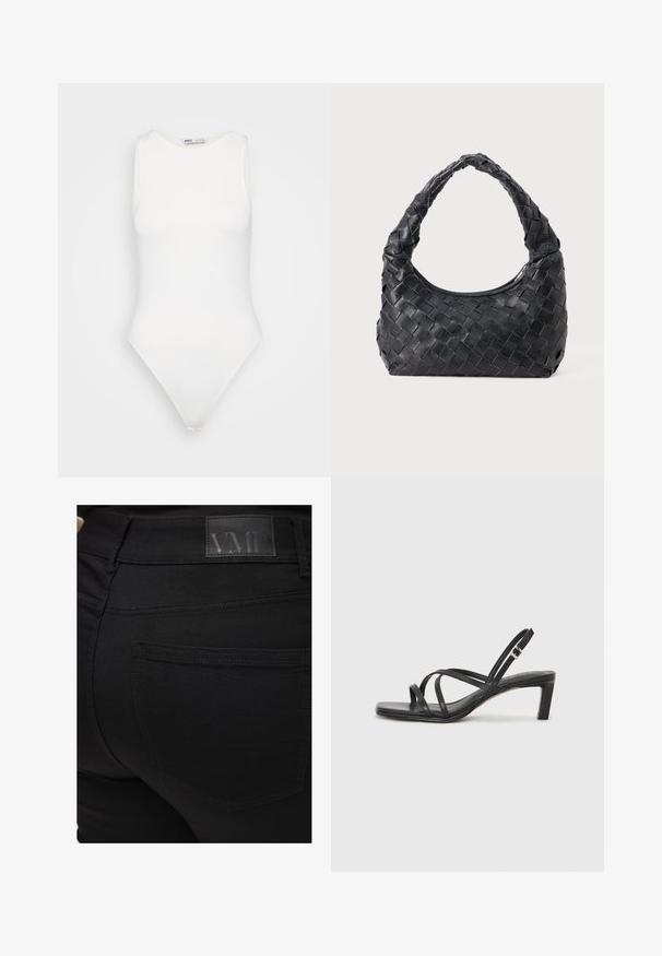 Fehér ujjatlan body, magas nyakkivágással és tanga szabással. Simább textúra és testhez álló siluett, amely formás megjelenést biztosít.; Fekete, slim fit farmernadrág sima textúrával. A derékrészen található VMD logós címke, hátsó zseb részletek és testhezálló kialakítás jellemzi.; Fekete pántos szandál négyzetes orral és alacsony blokk sarkal. Több vékony pánttal és állítható boka pánttal rendelkezik. Sima bőrből készült.; Fekete bőr, fonott válltáska lekerekített fogantyúval és hold alakú testéval egyszínű háttéren.