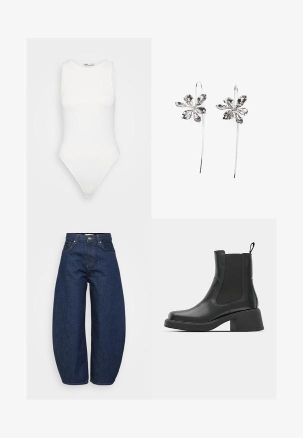 Bodysuit branco sem mangas com um decote alto e corte fio dental. Textura suave e silhueta ajustada projetada para um visual justo ao corpo.; Jeans de ganga azul escura de cintura alta, com pernas largas, fecho frontal por botão e zipper, e design clássico de cinco bolsos.; Botas de tornozelo em couro preto com painéis laterais elásticos, biqueira arredondada e salto robusto em bloco. Textura suave com um design minimalista.; Brincos em forma de flor prateados com um acabamento texturizado, apresentando ganchos longos e detalhes semelhantes a pétalas para um design intrincado.