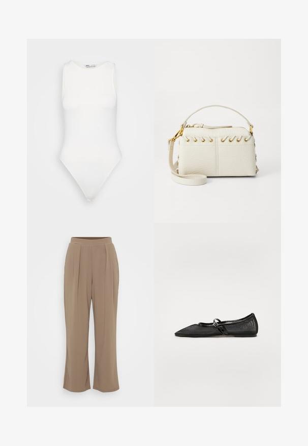 Bela bezrokavna body majica z visokim ovratnikom in tangastim izrezom. Gladka tekstura in prilegajoča silhueta, zasnovana za tesno prileganje.; Rjavi, široki hlače iz mehkega materiala z sprednjimi gubami in elastičnim pasom za udobje. Čist, minimalističen dizajn.; Črne ravne čevlje z izgorelim nosom, mrežastim zgornjim delom in poudarjenimi usnjeni detajli. Imajo tanek trak z okroglo kovinsko podrobnostjo.; Bela torbica iz umetnega usnja z zgornjim zadrgo, kratkim ročajem in odstranljivim naramnim trakom z zlatimi detajli. Stranske vezave.; Srebrna obročasta uhana s polirano površino, ki vključuje majhne zlate poudarke in okroglo obliko, nošena na ušesnem lobu.