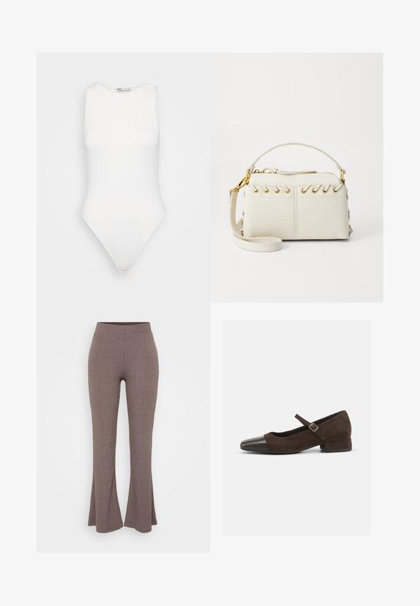 Bela bezrokavna body majica z visokim ovratnikom in tangastim izrezom. Gladka tekstura in prilegajoča silhueta, zasnovana za tesno prileganje.; Rjave rebraste široke hlače z visokim, elastičnim pasom in mehakim materialom, ki imajo subtilen vertikalni vzorec po celotni površini.; Rjava semiš Mary Jane čevlja s črnimi patentiranimi usnjenimi konicami, nastavljivim trakom in nizko blok peto. Gladka tekstura z minimalnimi akcenti.; Bela torbica iz umetnega usnja z zgornjim zadrgo, kratkim ročajem in odstranljivim naramnim trakom z zlatimi detajli. Stranske vezave.; Srebrna obročasta uhana s polirano površino, ki vključuje majhne zlate poudarke in okroglo obliko, nošena na ušesnem lobu.