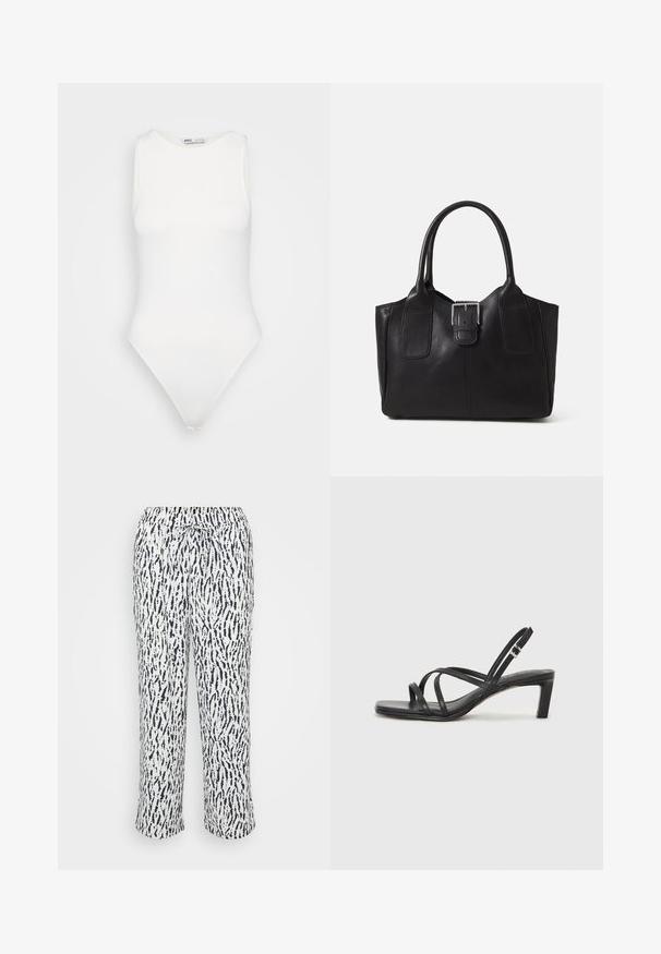 White sleeveless bodysuit with a high neckline and a thong cut. Smooth texture and fitted silhouette designed for a form-fitting look.; Soft, lightweight pants in white with a navy abstract pattern. Features an elastic waistband with a drawstring for adjustable fit.; Black strappy sandal with a square toe and a low block heel. Features multiple thin straps and an adjustable ankle strap. Made of smooth leather.; Black leather tote bag with smooth texture, structured shape, two handles, and a prominent silver buckle detail on the front.