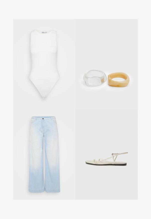 Hvit ermeløs body med høy hals og thong-snitt. Jevn tekstur og tettsittende silhuett designet for en kroppsformet look.; Lyseblå denim brede ben jeans med gradientvask, med knappelås, frontlommer og kontrastsøm langs kanten.; Beige flate sandal med flere slanke stropper og en justerbar spenne. Sålen er flat med en svak mørk kontrast langs kanten.; Klare og ravfargede harer, den ene glatt og gjennomsiktig, den andre med en teksturert, ravfarget finish. Begge har avrundede, kraftige design.