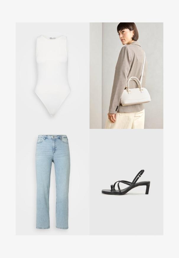 White sleeveless bodysuit with a high neckline and a thong cut. Smooth texture and fitted silhouette designed for a form-fitting look.; Light blue straight-leg denim jeans with front button and zipper closure, belt loops, and classic five-pocket design.; Black strappy sandal with a square toe and a low block heel. Features multiple thin straps and an adjustable ankle strap. Made of smooth leather.; White structured handbag with short handles and a shoulder strap, featuring gold hardware accents and textured material, displayed against a grey background.; Zign 2 PACK - Bracelet - gold-coloured/silver-coloured