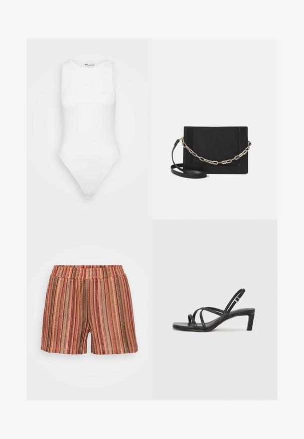 White sleeveless bodysuit with a high neckline and a thong cut. Smooth texture and fitted silhouette designed for a form-fitting look.; Striped shorts with an elastic waistband, featuring vertical lines in red, brown, and green. Made of lightweight, textured fabric.; Black strappy sandal with a square toe and a low block heel. Features multiple thin straps and an adjustable ankle strap. Made of smooth leather.; Black leather crossbody bag featuring a smooth texture, rectangular shape, and a metallic chain detail on the front. Adjustable strap included.