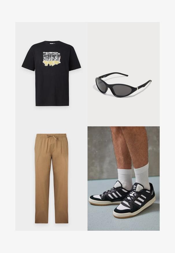 Crna pamučna majica s grafičkim printom u bijeloj i žutoj boji sa natpisom "IRON LIKE HELL" i dizajnom silueta.; Svijetlosmeđi hlače labavijeg kroja izrađene od glatke tkanine. Imaju elastičnu traku u struku s vezicom i ravne nogavice.; Crne i bijele tenisice s gornjim dijelom od antilopa i kože, s tri bijele pruge, perforiranim prstom i gumiranim potplatom.; Crne mačke naočale s elegantnim, mat okvirima, tamnim lećama i srebrnim detaljima na sljepoočnicama. Moderni dizajn s oštrim oblikom.; Bijela biserna ogrlica s uniformnim okruglim oblikom, glatkom površinom i metalnom kopčom s produžnom lancem za podesivu duljinu.