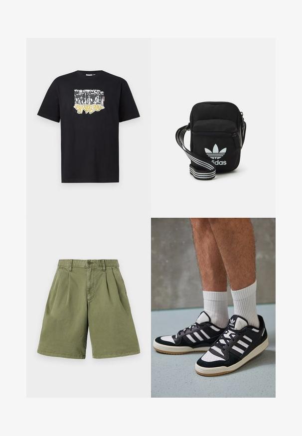 T-shirt en coton noir avec un imprimé graphique en blanc et jaune portant le texte "IRON LIKE HELL" et un design de silhouettes.; Shorts kaki avec plis avant, fabriqués en mélange de coton. Dotés de passants de ceinture et d'une fermeture par bouton, avec une coupe droite et un ourlet net.; Baskets noir et blanc avec une tige en suède et cuir, comportant trois rayures blanches, un bout perforé et une semelle en caoutchouc gum.; Sac bandoulière noir en tissu avec fermeture éclair, arborant un logo Adidas blanc et une sangle réglable rayée pour un port facile.