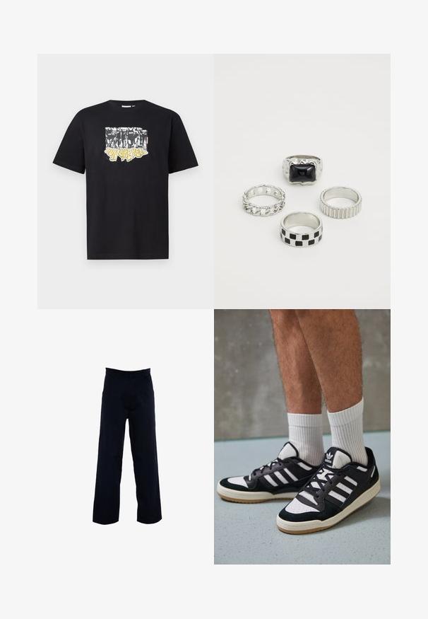 Zwarte katoenen t-shirt met een grafische print in wit en geel, met de tekst "IRON LIKE HELL" en een ontwerp van silhouetten.; Donkerblauwe broek met een recht gesneden ontwerp, vervaardigd uit een gladde stof, met zijzakken en een klassieke tailleband.; Zwart-witte sneakers met een bovenwerk van suede en leer, voorzien van drie witte strepen, een geperforeerde neus en een rubberen gumzool.; Set van vier ringen: één heeft een zwarte rechthoekige steen, drie zijn metallic met texturen, waaronder kettinglink, geribbeld en dambordpatroon.