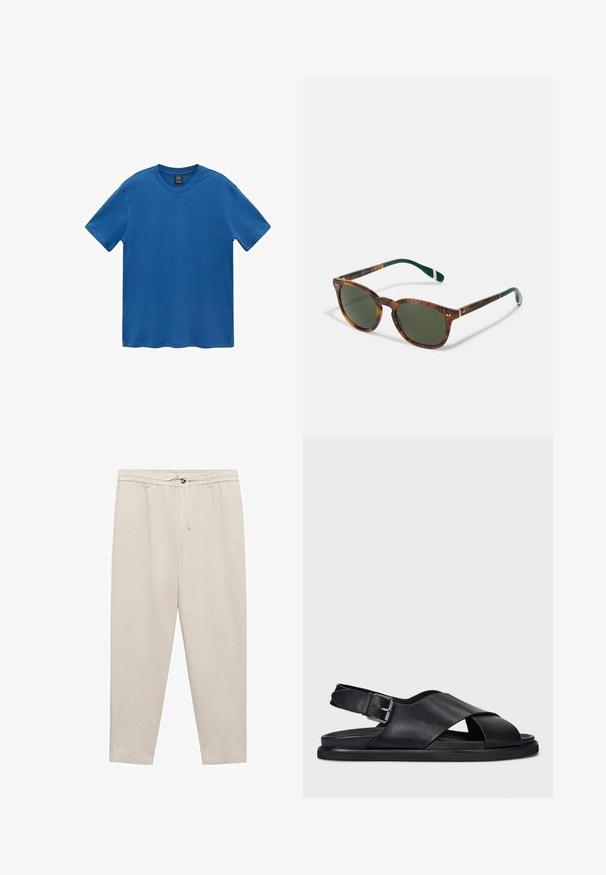 Tricou din bumbac albastru, mâneci scurte, gât rotund, culoare uniformă, textura netedă, tiv drept, fără modele sau embellismente.; Mango Pantaloni - off-white; Polo Ralph Lauren ZANE LEATHER SANDAL - Sandale - black; Ochelari de soare cu model țestoasă, cu lentile verzi, formă rotundă, accente aurii și brațe verde închis cu o dungă albă.