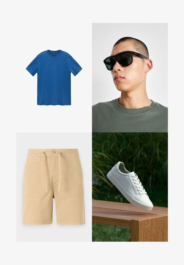 Blaues Baumwoll-T-Shirt, kurze Ärmel, Rundhalsausschnitt, einfarbig, glatte Textur, gerader Saum, keine Muster oder Verzierungen.; Beige Shorts aus Baumwolle mit Zugbandbund, vorderen Taschen und sichtbaren Nähten. Einfaches, lässiges Design.; Weiße Schnürsneaker, die über einer Holzbank mit grünem Laub im Hintergrund schweben und das Schuhdesign sowie die Textur zeigen.; Schwarze rechteckige Sonnenbrille mit dunklen Gläsern, die eine markante Form und eine Markierung am Bügel aufweist. Getragen von einer Person in einem grünen Hemd.