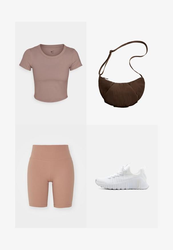 Brown cropped t-shirt made of smooth fabric, featuring a round neckline and short sleeves. Nike logo printed inside collar.; High-waisted bike shorts in a beige color, made of stretchy material, featuring a smooth texture and clean seams for comfort and fit.; White athletic shoe with a textured upper, flat lace closure, and prominent rubber sole with vertical grooves. Features a logo on the side.; Brown, padded shoulder bag with a curved shape, featuring a zipper closure and adjustable strap for versatile carrying options.