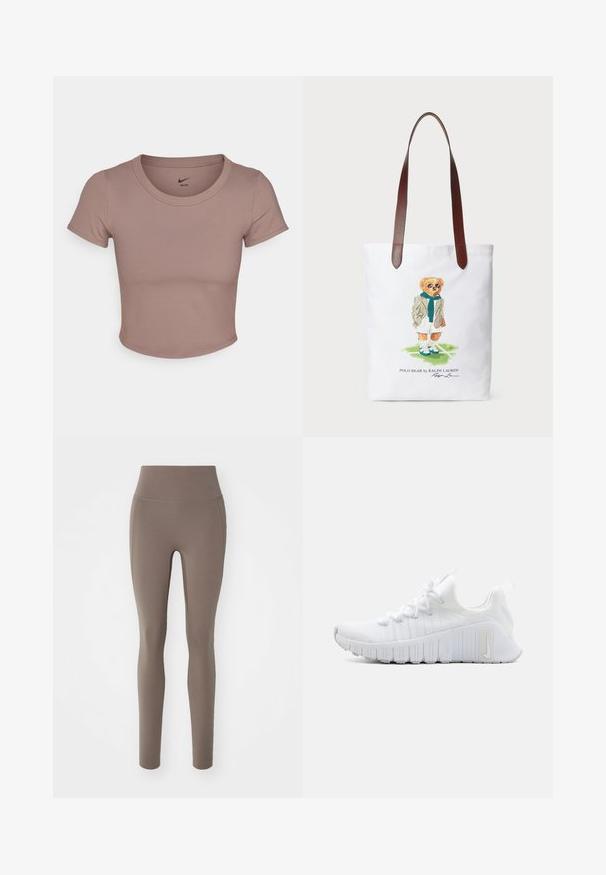Brun cropped t-skjorte laget av glatt stoff, med rund hals og korte ermer. Nike-logo trykket inne i kragen.; Brune høyt liv leggings laget av elastisk materiale med en glatt tekstur, med sømløst design og anklingslott.; Hvit atletisk sko med teksturert overdel, flat snøring og fremtredende gummisåle med vertikale groper. Har et logo på siden.; Tote bag i lerret med en tegneserie-bjørn i grønt skjerf og blazer, med brune lærreimer for skulderen. Hvit bakgrunn, trykket design.