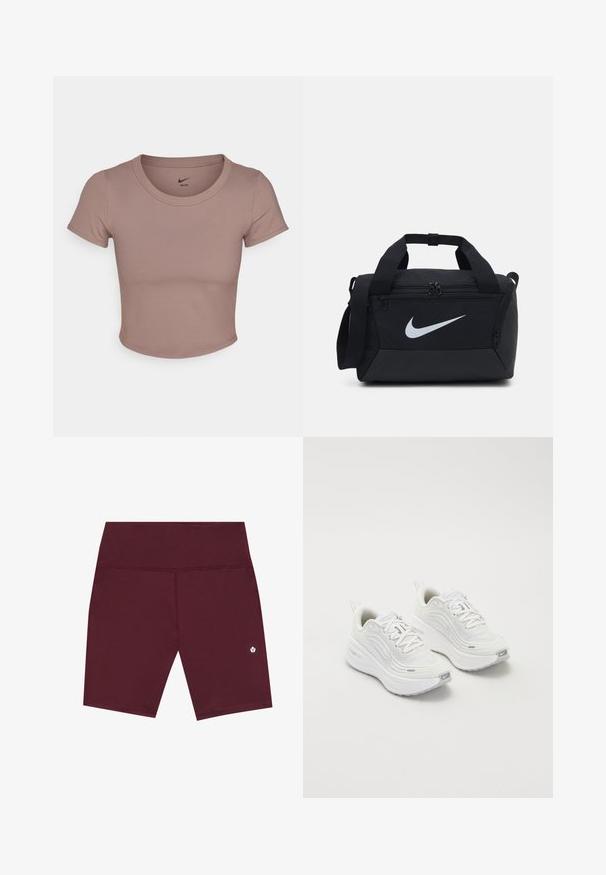 Smeđa kratka majica s kratkim rukavima napravljena od glatkog materijala, s okruglim izrezom. Nike logo otisnut unutar ovratnika.; Burgundy sportske kratke hlače s glatkom teksturom, koje imaju široki pojas i diskretni detalj logotipa blizu ruba. Dizajn je do sredine bedara.; Bijele sportske tenisice s teksturiranim mrežastim gornjim dijelom, podstavljenom potplatom i suptilnim sivim naglascima. Uključuju brendiranje i petlju na peti za lakše obuvanje.; Crna torba na duffel s glatkim materijalom, dvostrukim zatvaračima, podstavljenim ručkama i velikim bijelim Nike logotipom sprijeda.