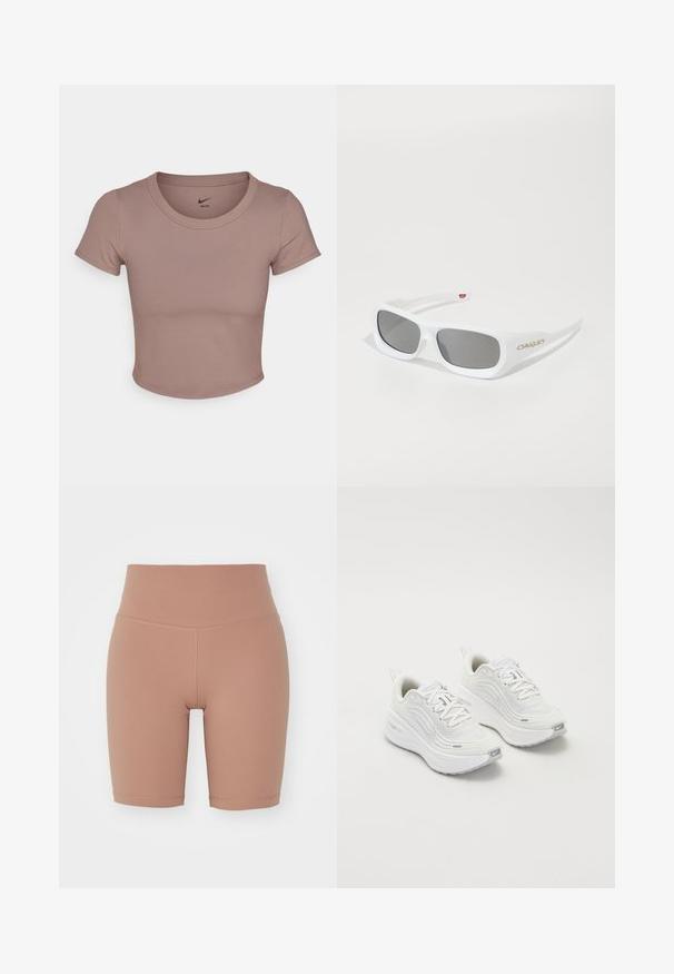 Brązowy skrócony t-shirt wykonany z gładkiego materiału, z okrągłym dekoltem i krótkimi rękawami. Logo Nike nadrukowane wewnątrz kołnierza.; Rowerki o wysokim stanie w beżowym kolorze, wykonane z elastycznego materiału, charakteryzujące się gładką fakturą i schludnymi szwami, zapewniającymi komfort i odpowiednie dopasowanie.; Białe buty sportowe z teksturowaną siateczką u góry, amortyzowana podeszwa i subtelne szare akcenty. Zawierają logo i pętlę z tyłu dla łatwego zakładania.; Białe prostokątne okulary przeciwsłoneczne Oakley z ciemnymi soczewkami leżące na białej powierzchni, logo widoczne z boku.; Brązowa, wyściełana torba na ramię o zaokrąglonym kształcie, z zamkiem błyskawicznym i regulowanym paskiem, oferująca różne opcje noszenia.
