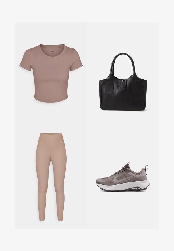 Tricou scurt maro, confecționat dintr-un material neted, cu decolteu rotund și mâneci scurte. Logo-ul Nike imprimat pe interiorul gulerului.; Leggings cu talie înaltă, cu textură în relief, într-o nuanță de maro deschis, având un buzunar neted și un detaliu subtil al logo-ului la șold, cu o siluetă ajustată.; Adidași de trail running gri de la Nike cu o parte superioară texturată, vârf întărit, talpă intermediară amortizată și talpă din cauciuc negru. Șnururi și buclă de prindere incluse.; Geantă tote din piele neagră cu textură netedă, formă structurată, două mânere și un detaliu proeminent din aliaj de argint pe partea din față.