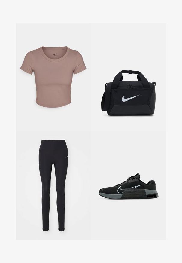 Ruda trumpa marškinėliai, pagaminti iš lygaus audinio, su apvali kaklo linija ir trumpomis rankovėmis. Nike logotipas atspausdintas ant apykaklės vidinės pusės.; Juodos tamprės, pagamintos iš elastingos medžiagos, aukštu liemeniu, lygaus paviršiaus, su siūlų detalėmis ir mažu logotipu.; Juodas sportinis batas su tinklo viršumi, pilkais akcentais ir tekstūruotu viduriniu padais. Yra išsiskiriantis logotipas ir batraiščių dizainas. Guma padais užtikrina sukibimą.; Juodas sportinis krepšys su lygiu audiniu, dviem užtrauktukais užsegamais skyreliais, paminkštintomis rankenomis ir dideliu baltu Nike logotipu priekyje.
