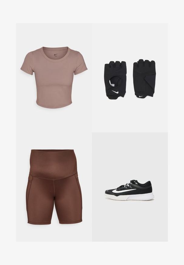 Brązowy skrócony t-shirt wykonany z gładkiego materiału, z okrągłym dekoltem i krótkimi rękawami. Logo Nike nadrukowane wewnątrz kołnierza.; Brązowe szorty sportowe z wysokim stanem, gładką teksturą i płaskimi szwami. Projekt charakteryzuje się dopasowanym krojem i długością do kolan.; Czarne buty sportowe z białymi akcentami, z teksturowanym cholewką, okrągłym noskiem, płaskimi sznurowadłami i grubą białą gumową podeszwą.; Czarne bezpalcowe rękawice wykonane z elastycznego materiału, z otwartą dłonią, akcentami chwytu i białym logo Nike.
