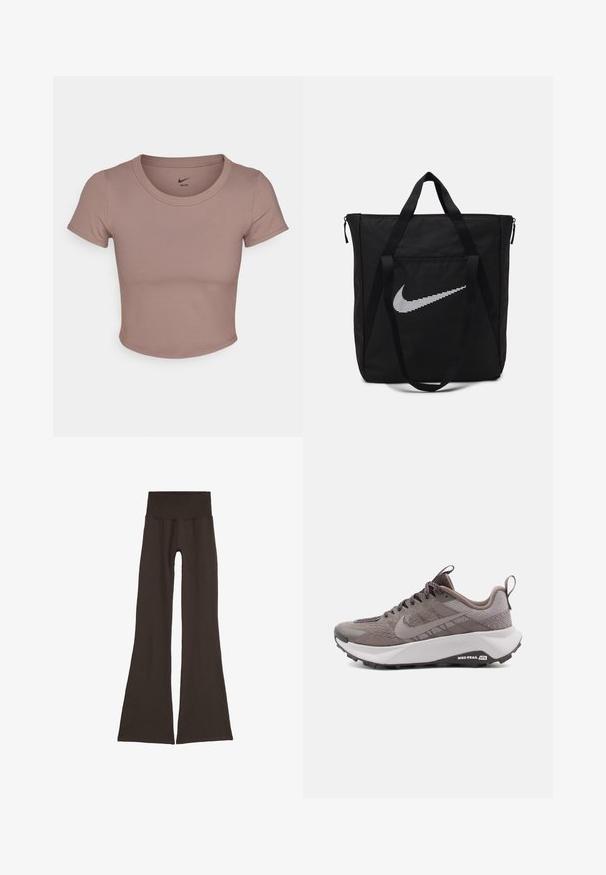 Rjava skrajšana majica s kratkimi rokavi, izdelana iz gladkega materiala, z okroglim izrezom. Logotip Nike je natisnjen znotraj ovratnika.; Temno rjave nazobčene legice s širokim, rebrastim pasom. Narejene iz mehke, raztegljive tkanine, brezšivna zasnova brez vidnih kovinskih delov.; Sive Nike tekaške čevlje z teksturirano zgornjimi deli, ojačanim prstom, oblazinjenim srednjim delom in črnim gumijastim podplatom. Vezalke in zanka za poteg so vključene.; Črn najlonov torba s skrbnimi ročaji in zadrgo. Ima izrazit bel Nike swoosh logotip v horizontalnem črtastem dizajnu.
