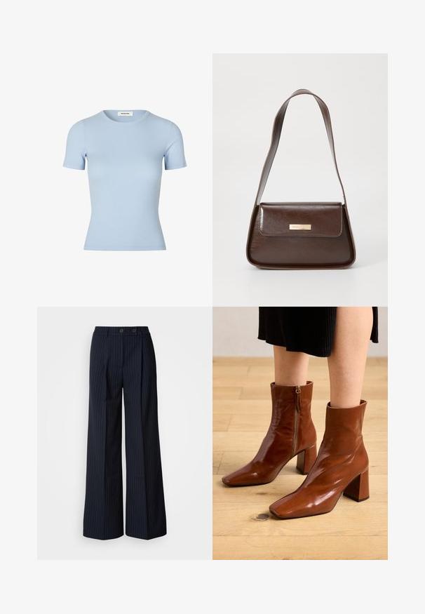 Gaiši zila ribota T-kreklu īsām piedurknēm un apaļu kakla izgriezumu. Mīksta tekstūra, pieguļoša forma bez redzamām logotipiem vai rotājumiem.; Jūras spēku tumši zili svītraini platā līguma bikses ar divām priekšējām pogām, pielāgota dizaina, ar izteiktu krokām priekšā un gludu tekstūru.; Brūni ādas potītes zābaki ar spīdīgu apdari, kvadrātīgu pirkstu, taisnu papēdi un sānu rāvējslēdzēja detaļu, novietoti uz gaiša koka grīdas.; Brūns ādas plecu soma ar strukturētu formu, kurai ir magnētisks atloks un metāla logo akcents priekšpusē.